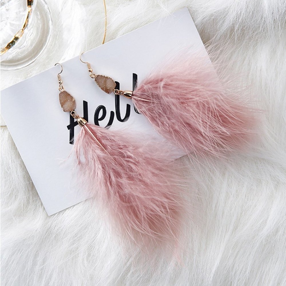 Feather earrings fashion jewelry pink druzy long dangle elegant brand new